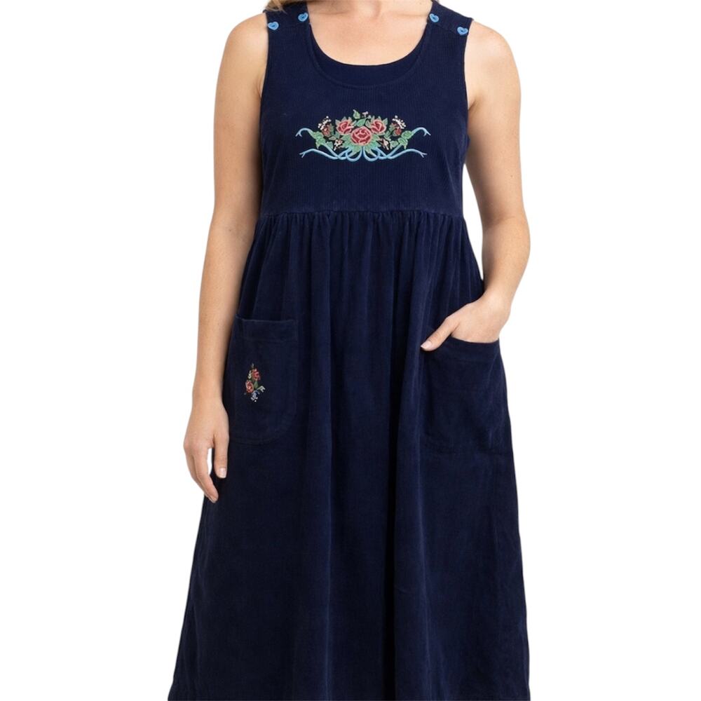 Vintage Dogwood Lane Corduroy Dress 90s Cottagecore Cotton Embroidered Floral M